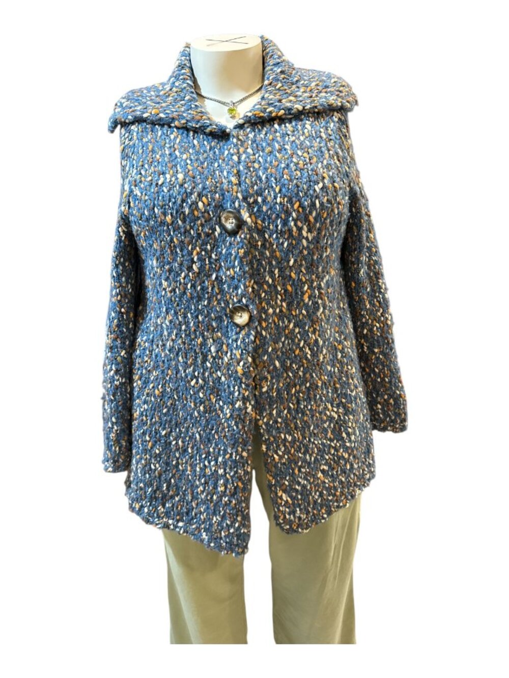 Liz Claiborne Sz 1X Blue, Cream & Brown Knit Collared Long 3-Snap Cardigan